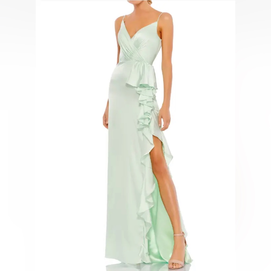 Mac Duggal 67815 Satin Ruffle Asymmetrical Gown Light Green 0